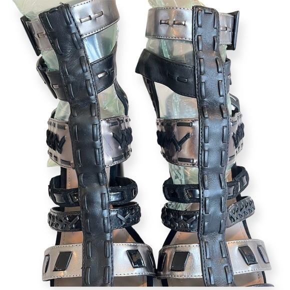 Donald J. Pliner Bindy Black Metallic Strapy Woven Gladiator Heeled Sandals - Picture 9 of 16